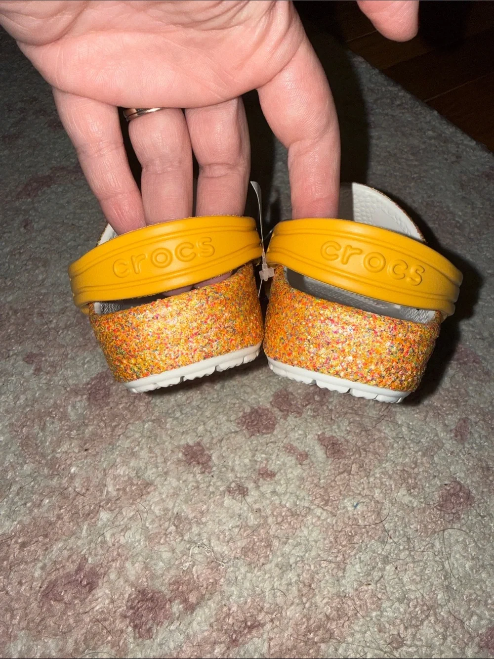 CROCS Kids Glitter Speckled Orange Yellow Clogs NWT